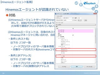 対処
(1)HinemosエージェントサーバからHinemosマネージャサーバに
対して、8080/TCPの通信が行えるようになっているか確認する
(F/W等で通信がブロックされていないかなど)
(2)Hinemosエージェントは、自身のホスト名とIPアドレスを元に
Hinemosマネージャに問い合わせ、自身のファシリティIDを解決
・条件1 [ホスト名]
以下の 2つが一致
・ノードプロパティの“サーバ基本情報 – OS –ノード名”
・対象サーバのホスト名(hostnameコマンドで表示されるホスト名)
・条件2 [IPアドレス]
以下の 2つが一致
・ノードプロパティの“サーバ基本情報 - ネットワーク - IPアドレス”
・対象サーバの(実際の)IPアドレス
Copyright (c) 2015 Atomitech Inc.
Hinemosエージェントが認識されていない
14
【Hinemosエージェント監視】
 