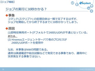 ジョブの実行に30秒かかる？
事象
コマンド(スクリプト) の処理自体は一瞬で完了するはずが、
ジョブを開始してから終了するまでに30秒かかってしまう。
原因
(1)即時反映用ポート(デフォルトで24005/UDP)が不通となっている。
または、
(2) Hinemosエージェントサーバで他のプロセスが
24005/UDPポートを使用中
なお、本事象はNWの問題である。
通常は疎通確認や結合試験などで発見できる事象であり、運用中に
突然発生する事象ではない。
Copyright (c) 2015 Atomitech Inc.15
【ジョブ機能】
 