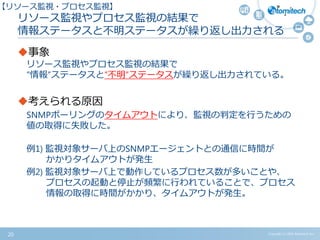リソース監視やプロセス監視の結果で
情報ステータスと不明ステータスが繰り返し出力される
事象
リソース監視やプロセス監視の結果で
”情報”ステータスと”不明”ステータスが繰り返し出力されている。
考えられる原因
SNMPポーリングのタイムアウトにより、監視の判定を行うための
値の取得に失敗した。
例1) 監視対象サーバ上のSNMPエージェントとの通信に時間が
かかりタイムアウトが発生
例2) 監視対象サーバ上で動作しているプロセス数が多いことや、
プロセスの起動と停止が頻繁に行われていることで、プロセス
情報の取得に時間がかかり、タイムアウトが発生。
Copyright (c) 2015 Atomitech Inc.20
【リソース監視・プロセス監視】
 