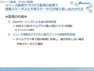リソース監視やプロセス監視の結果で
情報ステータスと不明ステータスが繰り返し出力される
監視の仕組み
① SNMPポーリングによる値の取得処理
-> 5000ミリ秒(タイムアウト値)×3回(リトライ回数)
※ デフォルトの場合
② リソース情報及びプロセス数カウントの閾値判定処理
-> タイムアウト等で値の取得に失敗し、値が存在しない場合
不明ステータスで通知
【リソース監視・プロセス監視】
Copyright (c) 2015 Atomitech Inc.21
 