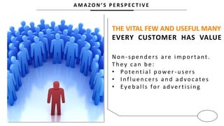 A M A Z O N ’ S P E R S P E C T I V E
THE VITAL FEW AND USEFUL MANY
EVERY CUSTOMER HAS VALUE
Non -spenders are important.
Th ey can b e:
• Potential p ower -u sers
• Influencers and advocates
• Eyeb alls for ad vertisin g
 
