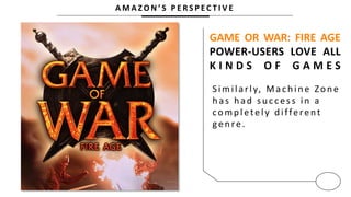 A M A Z O N ’ S P E R S P E C T I V E
GAME OR WAR: FIRE AGE
POWER-USERS LOVE ALL
K I N D S O F G A M E S
Similarly, Machine Zone
h as h ad su c c ess in a
comp letely d ifferent
genre.
 