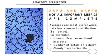A M A Z O N ’ S P E R S P E C T I V E
A R P U A N D A R P P U
NOT ALL IMPORTANT METRICS
A R E C O M P L E T E
Averages are most u sefu l wh en
d ata h as a n ormal d istrib u tion
( Bell c u r ve) .
For examp le:
• Hu man life -sp an or b lood
pressure
• Nu mb er of p etals on a d aisy
• Clou d y d ays in S eattle
 