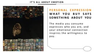 I T ’ S A L L A B O U T E M OT I O N
P E R S O N A L E X P R E S S I O N
W H A T Y O U B U Y S A Y S
SOMETHING ABOUT YOU
Th e med ia you con su me
exp resses wh o you are, an d
you r emotion al con n ec tion
in sp ires th e willin g n ess to
p ay.
 