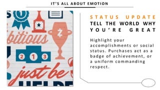 I T ’ S A L L A B O U T E M OT I O N
S T A T U S U P D A T E
TELL THE WORLD WHY
Y O U ’ R E G R E A T
Hig h lig ht you r
ac comp lish ments or soc ial
statu s. Pu rc h ases ac t as a
b ad ge of ac h ievement, or
a u n iform comman d in g
respect.
 