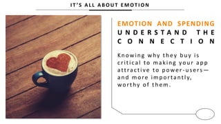 I T ’ S A L L A B O U T E M OT I O N
EMOTION AND SPENDING
U N D E R S T A N D T H E
C O N N E C T I O N
Kn owin g why th ey b u y is
c ritical to makin g you r ap p
attrac tive to p ower -u sers —
an d more imp ortantly,
worthy of th em.
 