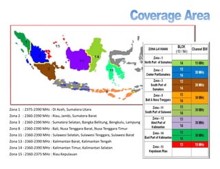 Zona 1 : 2375-2390 MHz : DI Aceh, Sumatera Utara
Zona 2 : 2360-2390 MHz : Riau, Jambi, Sumatera Barat
Zona 3 : 2360-2390 MHz : Sumatera Selatan, Bangka Belitung, Bengkulu, Lampung
Zona 8 : 2360-2390 MHz : Bali, Nusa Tenggara Barat, Nusa Tenggara Timur
Zona 11 : 2360-2390 MHz : Sulawesi Selatan, Sulawesi Tenggara, Sulawesi Barat
Zona 13 : 2360-2390 MHz : Kalimantan Barat, Kalimantan Tengah
Zona 14 : 2360-2390 MHz : Kalimantan Timur, Kalimantan Selatan
Zona 15 : 2360-2375 MHz : Riau Kepulauan
 