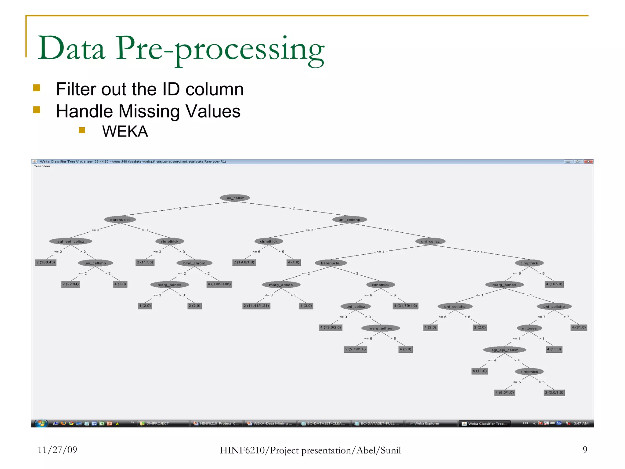 Data Pre-processing  Filter out the ID column Handle Missing Values WEKA  
