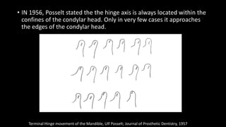 • IN 1956, Posselt stated the the hinge axis is always located within the
confines of the condylar head. Only in very few cases it approaches
the edges of the condylar head.
Terminal Hinge movement of the Mandible, Ulf Posselt; Journal of Prosthetic Dentistry, 1957
 