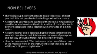 NON BELIEVERS
• The third group believes that hinge axis is theoretical and not
practical. It is not possible to locate hinge axis with accuracy.
• According to Lauritzen and Wolford if the terminal hinge position
could be located consistently within a radius of 1mm, this would
be more acceptable than a location with a variance of a 2 mm
radius.
• Actually, neither one is accurate, but the first is certainly more
accurate than the second. It is because the sense of perception
and delicacy of touch different for different individuals.
• Boucher commented, "The test seems to be one of the accuracy
of the machine work on the instrument rather than one of the
validity of a hinge axis registration."
A study of the Transverse axis; Arthur E. Aull, Pg. no. 470
 