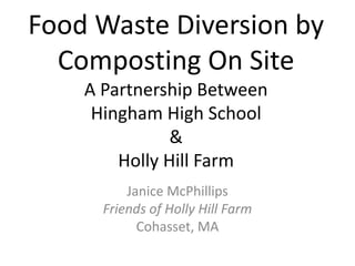 Food Waste Diversion by
Composting On Site
A Partnership Between
Hingham High School
&
Holly Hill Farm
Janice McPhillips
Friends of Holly Hill Farm
Cohasset, MA
 