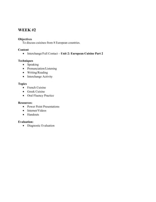 WEEK #2

Objectives
  To discuss cuisines from 8 European countries.

Content
  • Interchange/Full Contact – Unit 2: European Cuisine Part 2

Techniques
   • Speaking
   • Pronunciation/Listening
   • Writing/Reading
   • Interchange Activity

Topics
   • French Cuisine
   • Greek Cuisine
   • Oral Fluency Practice

Resources:
   • Power Point Presentations
   • Internet/Videos
   • Handouts

Evaluation:
   • Diagnostic Evaluation
 