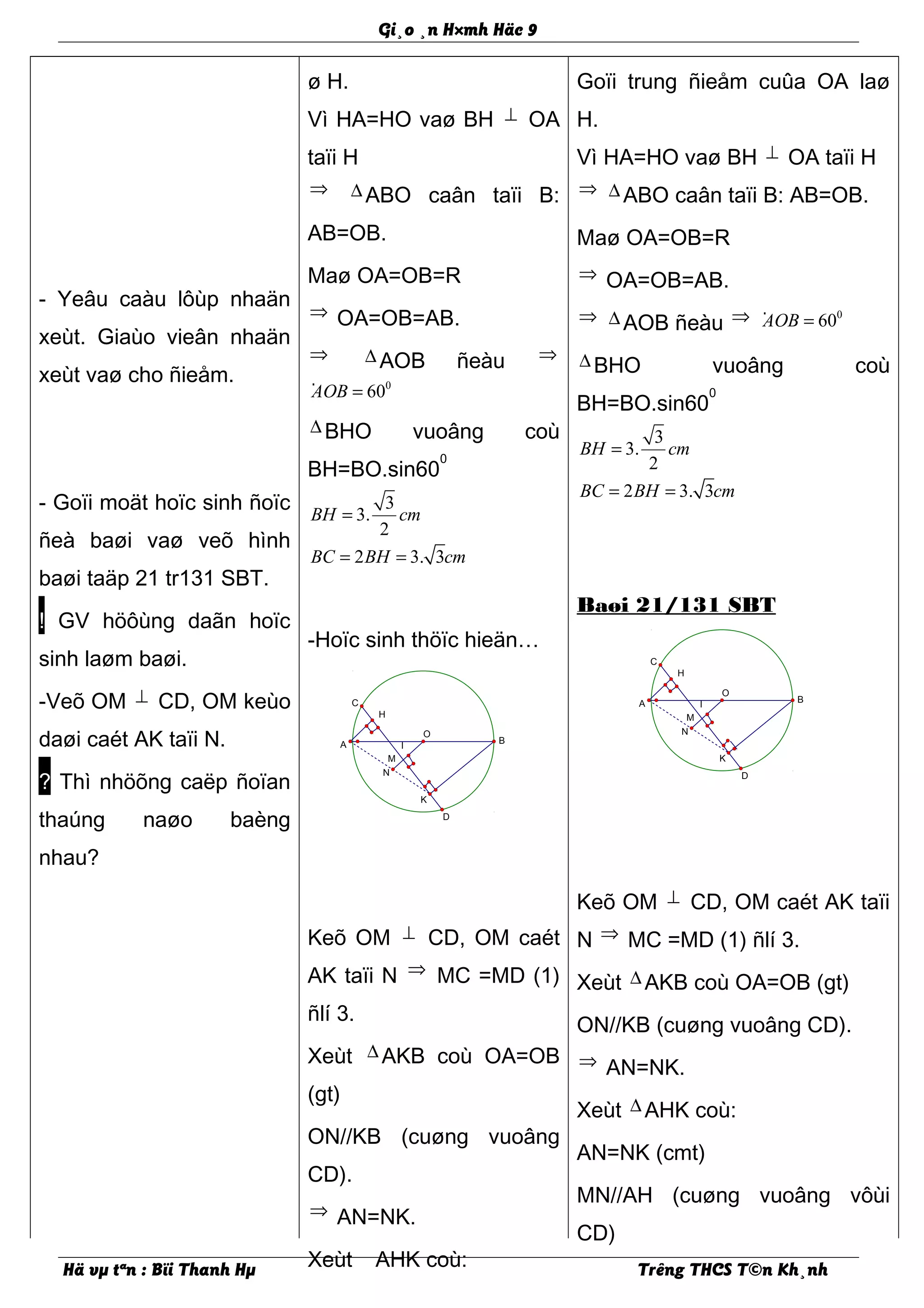 D
K
B
O
M
N
I
H
A
C
D
K
B
O
M
N
I
H
A
C
Gi¸o ¸n H×mh Häc 9
- Yeâu caàu lôùp nhaän
xeùt. Giaùo vieân nhaän
xeùt vaø cho ñieåm.
- Goïi moät hoïc sinh ñoïc
ñeà baøi vaø veõ hình
baøi taäp 21 tr131 SBT.
! GV höôùng daãn hoïc
sinh laøm baøi.
-Veõ OM ⊥ CD, OM keùo
daøi caét AK taïi N.
? Thì nhöõng caëp ñoïan
thaúng naøo baèng
nhau?
ø H.
Vì HA=HO vaø BH ⊥ OA
taïi H
⇒ ∆ ABO caân taïi B:
AB=OB.
Maø OA=OB=R
⇒ OA=OB=AB.
⇒ ∆ AOB ñeàu ⇒
· 0
60AOB =
∆ BHO vuoâng coù
BH=BO.sin60
0
3
3.
2
2 3. 3
BH cm
BC BH cm
=
= =
-Hoïc sinh thöïc hieän…
Keõ OM ⊥ CD, OM caét
AK taïi N ⇒ MC =MD (1)
ñlí 3.
Xeùt ∆ AKB coù OA=OB
(gt)
ON//KB (cuøng vuoâng
CD).
⇒ AN=NK.
Xeùt AHK coù:
Goïi trung ñieåm cuûa OA laø
H.
Vì HA=HO vaø BH ⊥ OA taïi H
⇒ ∆ ABO caân taïi B: AB=OB.
Maø OA=OB=R
⇒ OA=OB=AB.
⇒ ∆ AOB ñeàu ⇒ · 0
60AOB =
∆ BHO vuoâng coù
BH=BO.sin60
0
3
3.
2
2 3. 3
BH cm
BC BH cm
=
= =
Baøi 21/131 SBT
Keõ OM ⊥ CD, OM caét AK taïi
N ⇒ MC =MD (1) ñlí 3.
Xeùt ∆ AKB coù OA=OB (gt)
ON//KB (cuøng vuoâng CD).
⇒ AN=NK.
Xeùt ∆ AHK coù:
AN=NK (cmt)
MN//AH (cuøng vuoâng vôùi
CD)
Hä vµ tªn : Bïi Thanh Hµ Trêng THCS T©n Kh¸nh
 