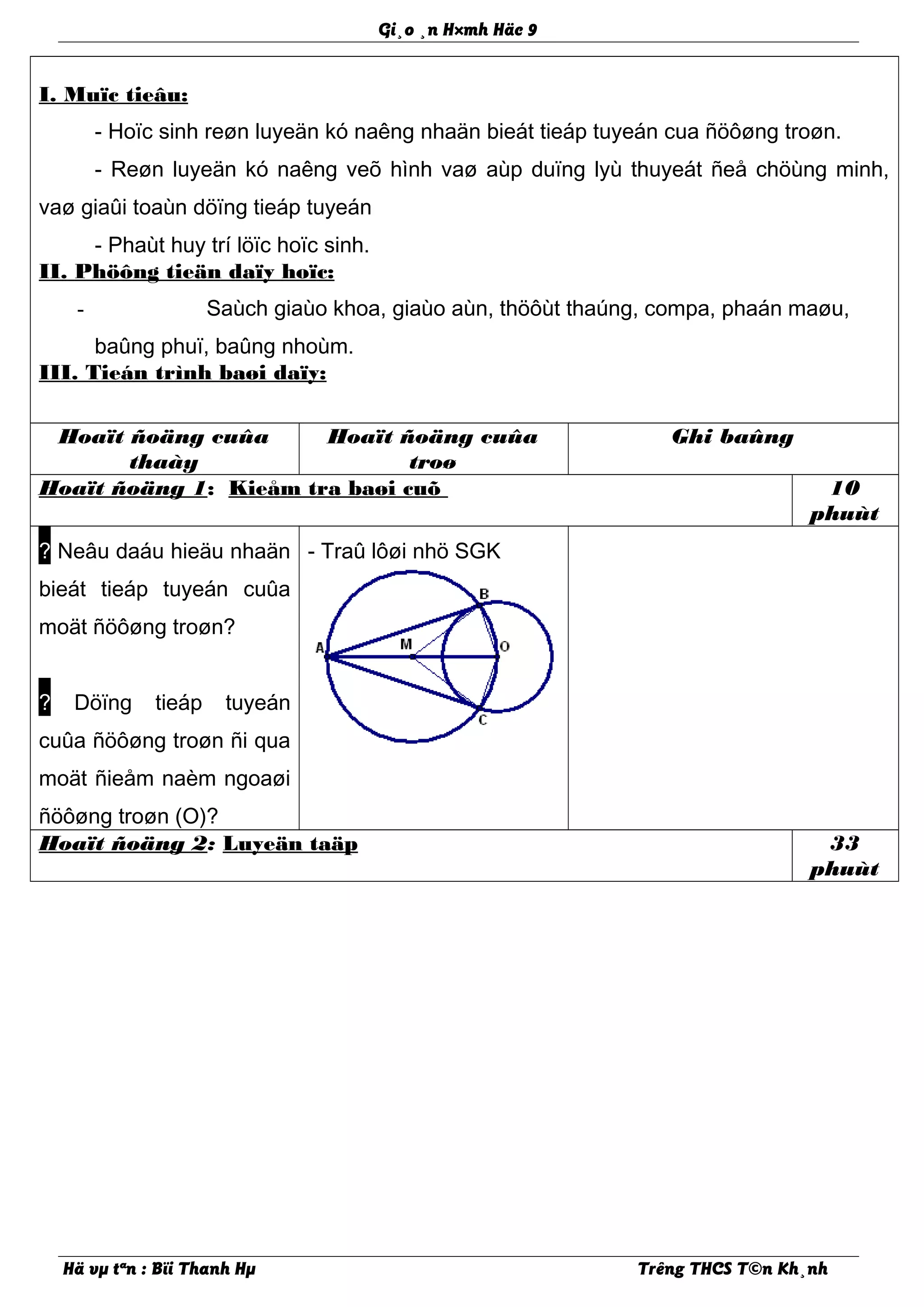 Gi¸o ¸n H×mh Häc 9
I. Muïc tieâu:
- Hoïc sinh reøn luyeän kó naêng nhaän bieát tieáp tuyeán cua ñöôøng troøn.
- Reøn luyeän kó naêng veõ hình vaø aùp duïng lyù thuyeát ñeå chöùng minh,
vaø giaûi toaùn döïng tieáp tuyeán
- Phaùt huy trí löïc hoïc sinh.
II. Phöông tieän daïy hoïc:
- Saùch giaùo khoa, giaùo aùn, thöôùt thaúng, compa, phaán maøu,
baûng phuï, baûng nhoùm.
III. Tieán trình baøi daïy:
Hoaït ñoäng cuûa
thaày
Hoaït ñoäng cuûa
troø
Ghi baûng
Hoaït ñoäng 1: Kieåm tra baøi cuõ 10
phuùt
? Neâu daáu hieäu nhaän
bieát tieáp tuyeán cuûa
moät ñöôøng troøn?
? Döïng tieáp tuyeán
cuûa ñöôøng troøn ñi qua
moät ñieåm naèm ngoaøi
ñöôøng troøn (O)?
- Traû lôøi nhö SGK
Hoaït ñoäng 2: Luyeän taäp 33
phuùt
Hä vµ tªn : Bïi Thanh Hµ Trêng THCS T©n Kh¸nh
 