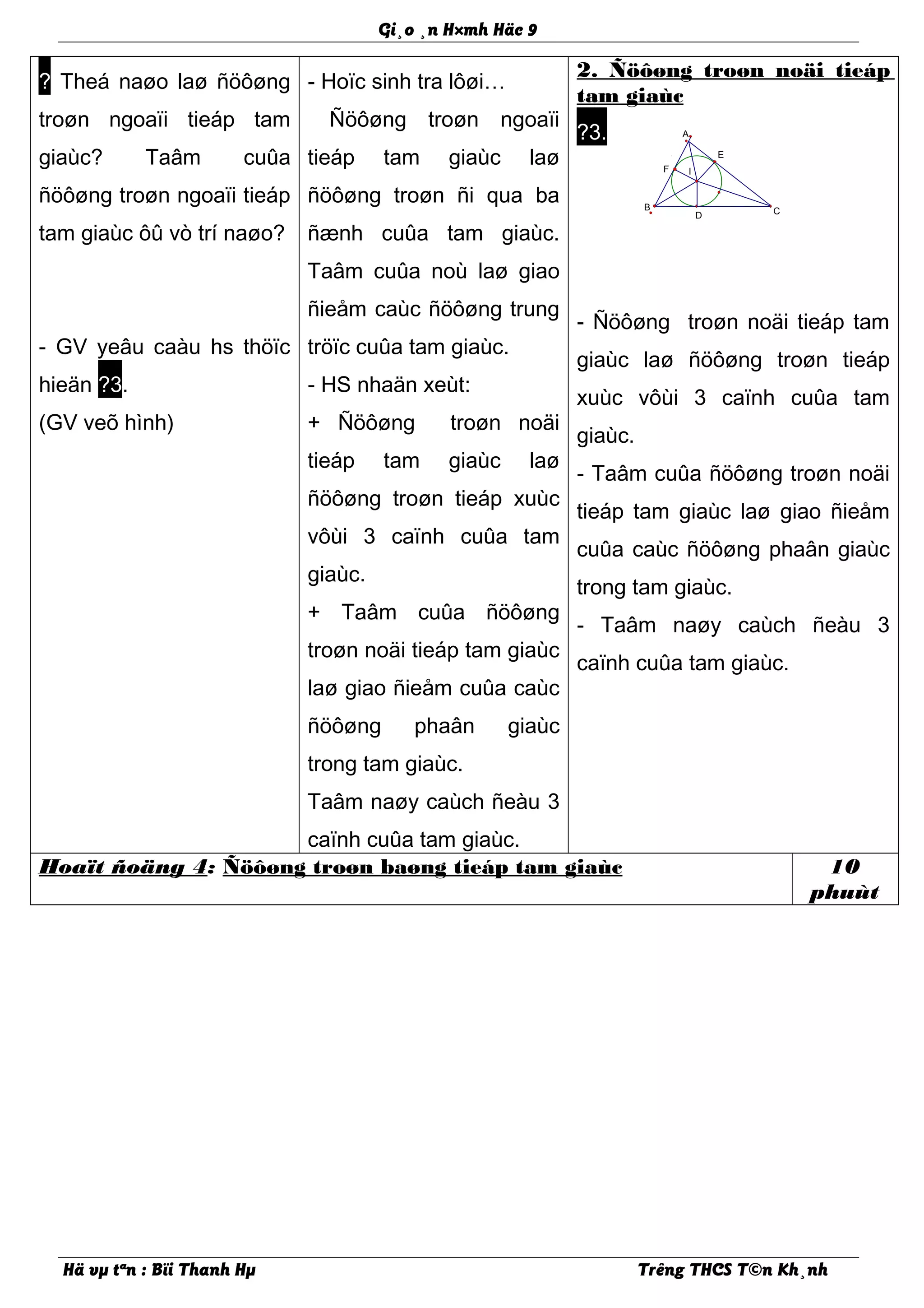 Gi¸o ¸n H×mh Häc 9
? Theá naøo laø ñöôøng
troøn ngoaïi tieáp tam
giaùc? Taâm cuûa
ñöôøng troøn ngoaïi tieáp
tam giaùc ôû vò trí naøo?
- GV yeâu caàu hs thöïc
hieän ?3.
(GV veõ hình)
- Hoïc sinh tra lôøi…
Ñöôøng troøn ngoaïi
tieáp tam giaùc laø
ñöôøng troøn ñi qua ba
ñænh cuûa tam giaùc.
Taâm cuûa noù laø giao
ñieåm caùc ñöôøng trung
tröïc cuûa tam giaùc.
- HS nhaän xeùt:
+ Ñöôøng troøn noäi
tieáp tam giaùc laø
ñöôøng troøn tieáp xuùc
vôùi 3 caïnh cuûa tam
giaùc.
+ Taâm cuûa ñöôøng
troøn noäi tieáp tam giaùc
laø giao ñieåm cuûa caùc
ñöôøng phaân giaùc
trong tam giaùc.
Taâm naøy caùch ñeàu 3
caïnh cuûa tam giaùc.
2. Ñöôøng troøn noäi tieáp
tam giaùc
?3.
- Ñöôøng troøn noäi tieáp tam
giaùc laø ñöôøng troøn tieáp
xuùc vôùi 3 caïnh cuûa tam
giaùc.
- Taâm cuûa ñöôøng troøn noäi
tieáp tam giaùc laø giao ñieåm
cuûa caùc ñöôøng phaân giaùc
trong tam giaùc.
- Taâm naøy caùch ñeàu 3
caïnh cuûa tam giaùc.
Hoaït ñoäng 4: Ñöôøng troøn baøng tieáp tam giaùc 10
phuùt
Hä vµ tªn : Bïi Thanh Hµ Trêng THCS T©n Kh¸nh
E
I
CB
A
D
F
 