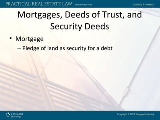 Mortgages, Deeds of Trust, and
Security Deeds
• Mortgage
– Pledge of land as security for a debt
 