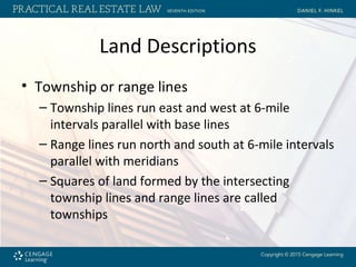 Land Descriptions
• Township or range lines
– Township lines run east and west at 6-mile
intervals parallel with base lines
– Range lines run north and south at 6-mile intervals
parallel with meridians
– Squares of land formed by the intersecting
township lines and range lines are called
townships
 