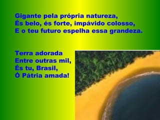 Gigante pela própria natureza, És belo, és forte, impávido colosso, E o teu futuro espelha essa grandeza.  Terra adorada Entre outras mil, És tu, Brasil, Ó Pátria amada! 