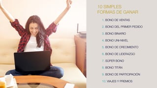 1. BONO DE VENTAS
2. BONO DEL PRIMER PEDIDO
3. BONO BINARIO
4. BONO UNI-NIVEL
5. BONO DE CRECIMIENTO
6. BONO DE LIDERAZGO
7. SÚPER BONO
8. BONO TITÁN
9. BONO DE PARTICIPACIÓN
10. VIAJES Y PREMIOS
10 SIMPLES
FORMAS DE GANAR
 