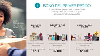 BONO DEL PRIMER PEDIDO
El patrocinador gana sobre la puntuación del
primer pedido, de acuerdo al paquete
adquirido por el nuevo consultor
2
ELIGE
CUALQUIERA
DE LOS 3
PAQUETES
 