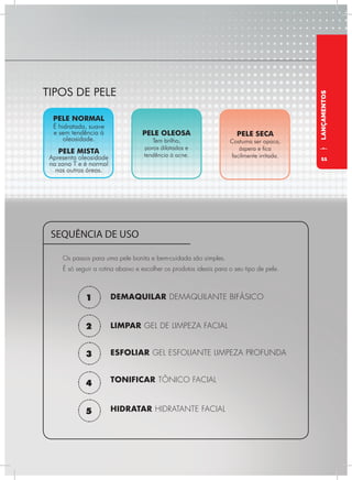 1
2
3
4
5
SEQUÊNCIA DE USO
Os passos para uma pele bonita e bem-cuidada são simples.
É só seguir a rotina abaixo e escolher os produtos ideais para o seu tipo de pele.
DEMAQUILAR DEMAQUILANTE BIFÁSICO
LIMPAR GEL DE LIMPEZA FACIAL
ESFOLIAR GEL ESFOLIANTE LIMPEZA PROFUNDA
TONIFICAR TÔNICO FACIAL
HIDRATAR HIDRATANTE FACIAL
TIPOS DE PELE
PELE NORMAL
É hidratada, suave
e sem tendência à
oleosidade.
PELE MISTA
Apresenta oleosidade
na zona T e é normal
nas outras áreas.
PELE SECA
Costuma ser opaca,
áspera e fica
facilmente irritada.
PELE OLEOSA
Tem brilho,
poros dilatados e
tendência à acne.
LANÇAMENTOS
11
 