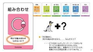 「犬の散歩に、
何かを組み合わるなら、、、なんだろう？
・・・どうせ歩くんだしウーバーイーツみたいな
サービスも組み合わせられないかな。
散歩の帰り道に、食事のテイクアウトとか、
依頼された日用品を買ってきてあげる。」 28
 