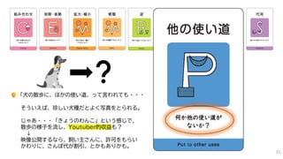 「犬の散歩に、ほかの使い道、って言われても・・・
そういえば、珍しい犬種だとよく写真をとられる。
じゃあ・・・「きょうのわんこ」という感じで、
散歩の様子を流し、Youtuber的収益も？
↓
映像公開するなら、飼い主さんに、許可をもらい
かわりに、さんぽ代が割引、とかもありかも。
35
 
