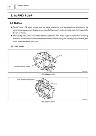 Operation Section
1 6
3. SUPPLY PUMP
3.1 Outline
The HP3 and HP4 supply pumps have the same construction and operational characteristics as the
conventional supply pumps. Supply pumps place fuel suctioned from the fuel tank under high pressure for
delivery to the rail.
A feed pump outlet, and pump inlet have been added to the 2010 model supply pump to inhibit air mixing.
As a result of this change, the fuel flow has been altered to travel through the following path: main filter, feed
pump, bubble separator, pump unit.
(1) 2004 model
HP3 (294000-025#)
HP4 (294050-001#)
 