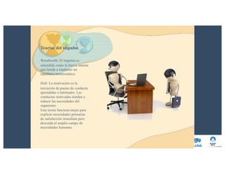 Teorías del impulso
Woodworth: El impulso es
entendido como la fuerza interna
que tiende a mantener un
equilibrio homeostático.
Hull: La motivación es la
iniciación de pautas de conducta
aprendidas o habituales. Las
conductas motivadas tienden a
reducir las necesidades del
organismo.
Esta teoría funciona mejor para
explicar necesidades primarias
de satisfacción inmediata pero
descuida el amplio campo de
necesidades humanas.
 