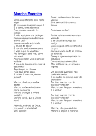 Marcha Exercito
Sinto algo diferente aqui neste
lugar
Já posso até imaginar o que é
É o santo, todo poderoso
Que passeia no meio do
templo
E veio aqui para nos proteger
Somos uma arma poderosa e
ele vai usar
Nos reveste de autoridade
E enche de poder
E nos diz: se forte e corajoso
E veja o que eu vou fazer
Pra abençoar este meu povo,
uso você
Agora atenção! Que o general
vai falar
A luta esta travada mas não vá
desanimar
Aquele que eu chamo
Não deve olhar atrás
A ordem é marchar, recuar
jamais!
Marcha obreiros, marcha
pastor
Marcha varões e irmãs em
nome do senhor
Marcha crianças e jovens
também
Marcha igreja, que a vitória
vem!
Atenção, exército de Deus,
preparado pra batalha?
Sim, senhor!
Posso realmente contar com
vocês?
Sim, senhor! Sê conosco
Jesus!
Envia-nos senhor!
Então, cubra as costas com a
verdade
E se vista da couraça da
justiça
Calce os pés com o evangelho
da paz
Com o escudo da fé se proteja
de satanás
Coloque agora o capacete da
salvação
Com a espada do espírito
Meu soldado vai, e vencerás
legiões
Um exército guerreiro, não
pode retroceder
E as portas do inferno, não vão
prevalecer
Por isso marcha com fé
exército vencedor
Marcha com fé quem te ordena
é o senhor
Por isso marcha com fé
exército vencedor
Marcha com fé quem te ordena
é o senhor
Marche, não pare de lutar
Marche a ordem é marchar
 
