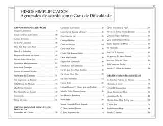 GRUPO 1: HINOS MAIS FÁCEIS
Alegres Cantemos . . . . . . . . . . . . . . . . . . . . . . . 8
Amai-vos Uns aos Outros . . . . . . . . . . . . . . . 80
Careço de Jesus . . . . . . . . . . . . . . . . . . . . . . . . 34
Da Corte Celestial . . . . . . . . . . . . . . . . . . . . . . 48
Deus Nos Rege com Amor . . . . . . . . . . . . . . . . . 27
Doce É o Trabalho . . . . . . . . . . . . . . . . . . . . . . 19
Enquanto Unidos em Amor . . . . . . . . . . . . . . 45
Faz-me Andar Só na Luz . . . . . . . . . . . . . . . . . . 83
Guarda os Mandamentos . . . . . . . . . . . . . . . . 82
Jesus num Presépio . . . . . . . . . . . . . . . . . . . . . 55
Louvai o Eterno Criador . . . . . . . . . . . . . . . . 13
No Monte do Calvário . . . . . . . . . . . . . . . . . . 51
Pai, Inspira-me ao Ensinar . . . . . . . . . . . . . . . . 73
Pela Beleza do Mundo . . . . . . . . . . . . . . . . . . 18
Que Firme Alicerce . . . . . . . . . . . . . . . . . . . . . 24
Tão Humilde ao Nascer . . . . . . . . . . . . . . . . . 49
Testemunho . . . . . . . . . . . . . . . . . . . . . . . . . . . . 37
Vinde a Cristo . . . . . . . . . . . . . . . . . . . . . . . . . 31
GRUPO 2: HINOS DE DIFICULDADE
MODERADA
Assombro Me Causa . . . . . . . . . . . . . . . . . . . 50
Cantando Louvamos . . . . . . . . . . . . . . . . . . . 26
Com Fervor Fizeste a Prece? . . . . . . . . . . . . . 32
Com Amor no Lar . . . . . . . . . . . . . . . . . . . . . . . 76
Comigo Habita . . . . . . . . . . . . . . . . . . . . . . . . 35
Conta as Bênçãos . . . . . . . . . . . . . . . . . . . . . . . . 64
Creio em Cristo . . . . . . . . . . . . . . . . . . . . . . . . 38
Cristo É Já Ressuscitado . . . . . . . . . . . . . . . . . 54
Deus Vos Guarde . . . . . . . . . . . . . . . . . . . . . . 36
Erguei-Vos Cantando . . . . . . . . . . . . . . . . . . . 58
Estudando as Escrituras . . . . . . . . . . . . . . . . . 75
Eu Sei que Vive Meu Senhor . . . . . . . . . . . . . 40
Eu Sei que Deus Vive . . . . . . . . . . . . . . . . . . . . 85
Eu Devo Partilhar . . . . . . . . . . . . . . . . . . . . . . 62
Faze o Bem . . . . . . . . . . . . . . . . . . . . . . . . . . . 66
Graças Damos, Ó Deus, por um Profeta . . . . 12
Mundo Feliz, Nasceu Jesus . . . . . . . . . . . . . . 56
No Monte a Bandeira . . . . . . . . . . . . . . . . . . . . 3
Noite Feliz . . . . . . . . . . . . . . . . . . . . . . . . . . . . 60
Nossa Humilde Prece Atende . . . . . . . . . . . . 42
Ó Deus, Senhor Eterno . . . . . . . . . . . . . . . . . . 46
Ó Vem, Supremo Rei . . . . . . . . . . . . . . . . . . . . 4
Onde Encontrar a Paz? . . . . . . . . . . . . . . . . . . 30
Povos da Terra, Vinde, Escutai . . . . . . . . . . . 72
Quando Vejo o Sol Raiar . . . . . . . . . . . . . . . . 81
Que Manhã Maravilhosa . . . . . . . . . . . . . . . . 10
Santo Espírito de Deus . . . . . . . . . . . . . . . . . . 65
Sê Humilde . . . . . . . . . . . . . . . . . . . . . . . . . . . 28
Sim, Eu Te Seguirei . . . . . . . . . . . . . . . . . . . . . . 61
Só por em Ti, Jesus, Pensar . . . . . . . . . . . . . . 33
Sou um Filho de Deus . . . . . . . . . . . . . . . . . . 84
Tal Como um Facho . . . . . . . . . . . . . . . . . . . . . 6
Vinde, Ó Filhos do Senhor . . . . . . . . . . . . . . . 16
GRUPO 3: HINOS MAIS DIFÍCEIS
As Famílias Poderão Ser Eternas . . . . . . . . . . . . 78
Chamados a Servir . . . . . . . . . . . . . . . . . . . . . . . 70
Cristo Já Ressuscitou . . . . . . . . . . . . . . . . . . . 52
Deus, Escuta-nos Orar . . . . . . . . . . . . . . . . . . 44
Grandioso És Tu . . . . . . . . . . . . . . . . . . . . . . . .22
Minha Alma Hoje Tem a Luz . . . . . . . . . . . . . 20
Ó Meu Pai . . . . . . . . . . . . . . . . . . . . . . . . . . . . 74
Trabalhemos Hoje . . . . . . . . . . . . . . . . . . . . . . 68
Vinde, Ó Santos . . . . . . . . . . . . . . . . . . . . . . . . 14
HINOS SIMPLIFICADOS
Agrupados de acordo com o Grau de Dificuldade
87
 