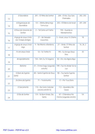 O Sacerdócio           201 – Ó Filhos do Senhor       204 – Ó Vós, Que Sois      202, 203
    13                                                                     Chamados

              A Organização do         151 – Minha Alma Hoje        203 – Ó Élderes de Israel    201, 204
    14           Sacerdócio                  Tem a Luz

           O Povo do Convênio do       2 – Tal Como um Facho            194 – Guarda os
    15            Senhor                                                 Mandamentos

           A Igreja de Jesus Cristo        21 – Ao Salvador         5 – Israel, Jesus Te Chama      18
    16      nos Tempos Antigos                Louvemos

           A Igreja de Jesus Cristo    4 – No Monte a Bandeira       27 – Vinde, Ó Filhos do     16, 26, 2
    17               Hoje                                                    Senhor

              Fé em Jesus Cristo           53 – Se Tenho Fé           195 – Eu Sei que Deus         35
    18                                                                         Vive

              Arrependimento           134 – Sim, Eu Te Seguirei     82 – Eis- nos Agora Aqui
    19
                  Batismo             41 – Firmes Segui (segunda 199 – Faz-me Andar Só na
    20                                         estrofe)                     Luz

             O Dom do Espírito        80 – Santo Espírito de Deus    90 – Teu Santo Espírito,
    21     Santo                                                             Senhor

             Os Dons do Espírito          71 – Testemunho              17 – Por Teus Dons
    22
               O Sacramento            114 – Da Corte Celestial       112 – Assombro Me
    23                                   (exceto estrofe 5)                  Causa

              O Dia do Senhor          174 – Sê Bem Vindo, Dia         87 – Ó Bondoso Pai           54
    24                                          Santo               Eterno (segunda estrofe)




PDF Creator - PDF4Free v2.0                                         http://www.pdf4free.com
 