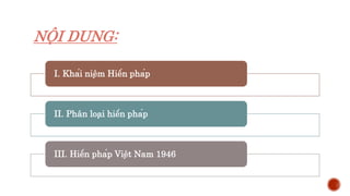 NỘI DUNG:
I. Khái niệm Hiến pháp
II. Phân loại hiến pháp
III. Hiến pháp Việt Nam 1946
 