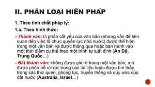 1. Theo tính chất pháp lý:
1.a. Theo hình thức:
Thành văn: là phần cốt yếu của văn bản (những vấn đề liên
quan đến việc tổ chức quyền lực nhà nước) được thể hiện
trong một văn bản và được thông qua hoặc ban hành vào
một thời điểm cụ thể theo một trình tự luật định (Ấn Độ,
Trung Quốc…)
Bất thành văn: không được ghi rõ trong một văn bản, mà
được phân bố rải rác trong các tài liệu hoặc được tìm thấy
trong các thói quen, phong tục, truyền thống và quy ước của
đất nước (Australia, Israel…)
 