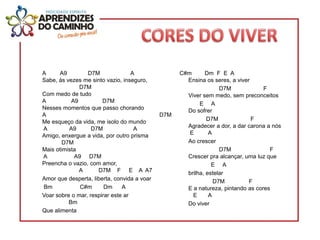 A      A9        D7M               A               C#m      Dm F E A
Sabe, às vezes me sinto vazio, inseguro,             Ensina os seres, a viver
              D7M                                                 D7M             F
Com medo de tudo                                     Viver sem medo, sem preconceitos
A          A9          D7M                                E A
Nesses momentos que passo chorando                   Do sofrer
A                                            D7M
Me esqueço da vida, me isolo do mundo                        D7M              F
A         A9       D7M              A                Agradecer a dor, a dar carona a nós
Amigo, enxergue a vida, por outro prisma              E       A
        D7M                                          Ao crescer
Mais otimista                                                     D7M               F
A           A9 D7M                                   Crescer pra alcançar, uma luz que
Preencha o vazio, com amor,                                    E A
              A      D7M F E A A7                    brilha, estelar
Amor que desperta, liberta, convida a voar                      D7M          F
Bm            C#m       Dm     A                     E a natureza, pintando as cores
Voar sobre o mar, respirar este ar                     E      A
          Bm                                         Do viver
Que alimenta
 