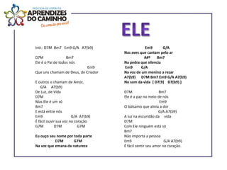 Intr.: D7M Bm7 Em9 G/A A7(b9)                    Em9       G/A
                                     Nas aves que cantam pelo ar
D7M                Bm7                          A#º     Bm7
Ele é o Pai de todos nós             Na pedra que silencia
                            Em9      Em9       G/A
Que uns chamam de Deus, de Criador   Na voz de um menino a rezar
                                     A7(b9) D7M Bm7 Em9 G/A A7(b9)
E outros o chamam de Amor,           No som da vida [ D7(9) D7(b9) ]
   G/A A7(b9)
De Luz, de Vida                      D7M                   Bm7
D7M                                  Ele é a paz no meio de nós
Mas Ele é um só                                            Em9
Bm7                                  O bálsamo que alivia a dor
E está entre nós                                          G/A A7(b9)
Em9                    G/A A7(b9)    A luz na escuridão da vida
É fácil ouvir sua voz no coração     D7M
G7M          D7M           G7M       Com Ele ninguém está só
                                     Bm7
Eu ouço seu nome por toda parte      Não importa a pessoa
           D7M       G7M             Em9                      G/A A7(b9)
Na voz que emana da natureza         É fácil sentir seu amor no coração.
 