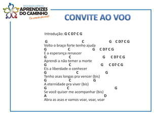 Introdução: G C D7 C G
 G                     C                G C D7 C G
Volto o braço forte tenho ajuda
G              C             G C D7 C G
É a esperança renascer
G               C                   G C D7 C G
Aprendi a não temer a morte
G               C                  G C D7 C G
Eis a liberdade o conhecer
G                   C                 G
Tenho asas longas pra vencer (bis)
G               C             G
A eternidade pra viver (bis)
G              C                          G
Se você quiser me acompanhar (bis)
A                                    D
Abra as asas e vamos voar, voar, voar
 
