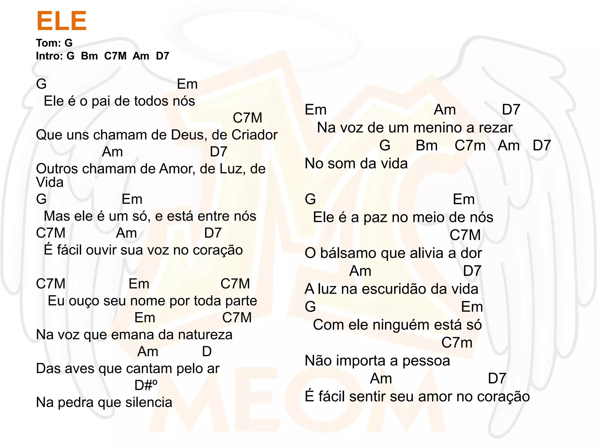 ELE
Tom: G
Intro: G Bm C7M Am D7

G
Em
Ele é o pai de todos nós
C7M
Que uns chamam de Deus, de Criador
Am
D7
Outros chamam de Amor, de Luz, de
Vida
G
Em
Mas ele é um só, e está entre nós
C7M
Am
D7
É fácil ouvir sua voz no coração
C7M
Em
C7M
Eu ouço seu nome por toda parte
Em
C7M
Na voz que emana da natureza
Am
D
Das aves que cantam pelo ar
D#º
Na pedra que silencia

Em
Am
D7
Na voz de um menino a rezar
G
Bm C7m Am D7
No som da vida
G
Em
Ele é a paz no meio de nós
C7M
O bálsamo que alivia a dor
Am
D7
A luz na escuridão da vida
G
Em
Com ele ninguém está só
C7m
Não importa a pessoa
Am
D7
É fácil sentir seu amor no coração

 