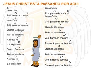 JESUS CHRIST ESTÁ PASSANDO POR AQUI
D
Jesus Cristo
A7
D
Está passando por aqui
D
Jesus Cristo
A7
D
Está passando por aqui
G
Quando Ele passa
D
Tudo se transforma
A7
A tristeza vai
D
E a alegria vem
G
Quando Ele passa
D
Tudo se transforma
A7
A tristeza vai
D
E a alegria vem

Jesus Cristo
A7
D
Está passando por aqui
Jesus Cristo
A7
D
Está passando por aqui
G
Quando Ele passa
D
Tudo se transforma
A7
Vem trazendo bênçãos
D
Pra você, pra mim também
G
Quando Ele passa
D
Tudo se transforma
A7
Vem trazendo bênçãos
D
Pra você, pra mim também.

 
