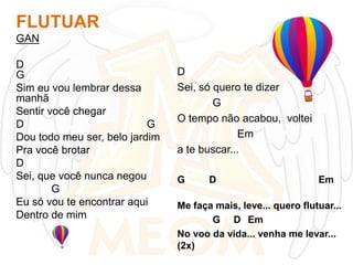 FLUTUAR
GAN
D
G
Sim eu vou lembrar dessa
manhã
Sentir você chegar
D
G
Dou todo meu ser, belo jardim
Pra você brotar
D
Sei, que você nunca negou
G
Eu só vou te encontrar aqui
Dentro de mim

D
Sei, só quero te dizer
G
O tempo não acabou, voltei
Em
a te buscar...
G

D

Em

Me faça mais, leve... quero flutuar...
G D Em
No voo da vida... venha me levar...
(2x)

 