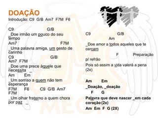 DOAÇÃO
Introdução: C9 G/B Am7 F7M F6

C9
G/B
_Doe irmão um pouco do seu
tempo
Am7
F7M
_Uma palavra amiga, um gesto de
carinho
C9
G/B
Am7 F7M
_Doe uma prece àquele que
necessita _
Am
Em
_Um sorriso a quem não tem
esperança
F7M
F6
C9 G/B Am7
F7M
_Um olhar fraterno a quem chora
por paz _

C9

G/B

Am
_Doe amor a todos aqueles que te
cercam
F
Preparação
p/ refrão
Pois só assim a vida valerá a pena
(2x)
Am
Em
_Doação, _doação
F
G
Palavra que deve nascer _em cada
coração (2x)
Am Em F G (2X)

 