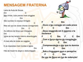 MENSAGEM FRATERNA
Letra de Auta de Souza
Dm
C
Meu irmão, tuas preces mais singelas
Dm
São ouvidas no espaço ilimitado
C
Mas sei que às vezes choras consternado
Dm
C
Ao silêncio da força que interpelas
Dm
C
Volve ao teu templo interno abandonado
Dm
A mais alta de todas as capelas
C
E as respostas mais lúcidas e belas
Dm
Hão de trazer-te alegre e deslumbrado

F
C
Dm
_Ouve o teu coração em cada prece
F
C
Dm
_Deus responde em ti mesmo e te
esclarece
F
C
Dm
F
C Dm
_Com a força eterna da consolação
F
C
Dm
_Compreenderás a dor que te domina
F
C
Dm
_Sob a linguagem pura e peregrina
F
C
Dm
Da voz de Deus em luz de redenção!

 