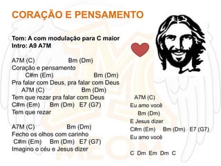 CORAÇÃO E PENSAMENTO
Tom: A com modulação para C maior
Intro: A9 A7M
A7M (C)
Bm (Dm)
Coração e pensamento
C#m (Em)
Bm (Dm)
Pra falar com Deus, pra falar com Deus
A7M (C)
Bm (Dm)
Tem que rezar pra falar com Deus
C#m (Em)
Bm (Dm) E7 (G7)
Tem que rezar
A7M (C)
Bm (Dm)
Fecho os olhos com carinho
C#m (Em) Bm (Dm) E7 (G7)
Imagino o céu e Jesus dizer

A7M (C)
Eu amo você
Bm (Dm)
E Jesus dizer
C#m (Em) Bm (Dm) E7 (G7)
Eu amo você
C Dm Em Dm C

 