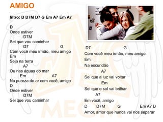 AMIGO
Intro: D D7M D7 G Em A7 Em A7
D
Onde estiver
D7M
Sei que vou caminhar
D7
G
Com você meu irmão, meu amigo
Em
Seja na terra
A7
Ou nas águas do mar
Em
A7
Na pureza do ar com você, amigo
D
Onde estiver
D7M
Sei que vou caminhar

D7
G
Com você meu irmão, meu amigo
Em
Na escuridão
A7
Sei que a luz vai voltar
Em
Sei que o sol vai brilhar
A7
Em você, amigo
D
D7M
G
Em A7 D
Amor, amor que nunca vai nos separar

 