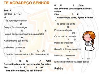 TE AGRADEÇO SENHOR
Tom: A
Intro: A E7 D7
A
Te agradeço Senhor,
D
Porque és meu amigo
E
A
E
Porque sempre comigo tu estás a falar
A
Na harmonia das flores
D
Na beleza das cores
E
A
A7
E no mar que murmura, o teu nome a rezar

D
E
A
G#m
Escondido tu estás no verde das florestas
F#m
B E7
A A7
Nas aves em festa, no sol a brilhar

D
E
A
G#m
Nas sombras que abrigam, na brisa
amiga
F#m
B
E
Na fonte que corre, ligeira a cantar
A
Te agradeço ainda
D
Porque na alegria
E7
Ou na dor de cada dia
A
E7
Posso te encontrar
A
Quando a dor me consome
D
Murmuro o teu nome
E
A
A7
E mesmo sofrendo eu posso cantar

Refrão

 