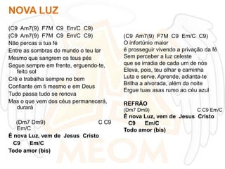 NOVA LUZ
(C9 Am7(9) F7M C9 Em/C C9)
(C9 Am7(9) F7M C9 Em/C C9)
Não percas a tua fé
Entre as sombras do mundo o teu lar
Mesmo que sangrem os teus pés
Segue sempre em frente, erguendo-te,
feito sol
Crê e trabalha sempre no bem
Confiante em ti mesmo e em Deus
Tudo passa tudo se renova
Mas o que vem dos céus permanecerá,
durará
(Dm7 Dm9)
C C9
Em/C
É nova Luz, vem de Jesus Cristo
C9
Em/C
Todo amor (bis)

(C9 Am7(9) F7M C9 Em/C C9)
O infortúnio maior
é prosseguir vivendo a privação da fé
Sem perceber a luz celeste
que se irradia de cada um de nós
Eleva, pois, teu olhar e caminha
Luta e serve. Aprende, adianta-te
Brilha a alvorada, além da noite
Ergue tuas asas rumo ao céu azul
REFRÃO
(Dm7 Dm9)

C C9 Em/C

É nova Luz, vem de Jesus Cristo
C9
Em/C
Todo amor (bis)

 