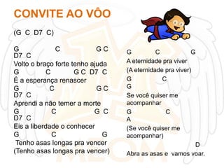 CONVITE AO VÔO
(G C D7 C)
G
C
GC
D7 C
Volto o braço forte tenho ajuda
G
C
G C D7 C
É a esperança renascer
G
C
GC
D7 C
Aprendi a não temer a morte
G
C
G C
D7 C
Eis a liberdade o conhecer
G
C
G
Tenho asas longas pra vencer
(Tenho asas longas pra vencer)

G
C
G
A eternidade pra viver
(A eternidade pra viver)
G
C
G
Se você quiser me
acompanhar
G
C
A
(Se você quiser me
acompanhar)
D
Abra as asas e vamos voar.

 