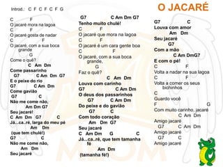 O JACARÉ

Introd.: C F C F C F G
C
F
O jacaré mora na lagoa
C
F
O jacaré gosta de nadar
C
F
O jacaré, com a sua boca
grande
G
Come o quê?
C Am Dm
Come passarinho
G7
C Am Dm G7
E o peixe do rio
G7
C Am Dm
Come gavião
G7
C
Não me come não,
Am Dm G7
Seu jacaré!
C Am Dm G7
C
Já...ca..ré, larga do meu pé
Am Dm
(que tem chulé!)
G7
C
Não me come não,
Am Dm
Seu jacaré

G7
C Am Dm G7
Tenho muito chulé!
C
F
O jacaré que mora na lagoa
C
F
O jacaré é um cara gente boa
C
F
O jacaré, com a sua boca
grande,
G
Faz o quê?
C Am Dm
Louva com carinho
G7
C Am Dm
O deus dos passarinhos
G7
C Am Dm
Do peixe e do gavião
G7
C
Com todo coração
Am Dm G7
Seu jacaré
C Am Dm
G
C
Já...ca..ré, que tem tamanha
fé
Am Dm
(tamanha fé!)

G7
C
Louva com amor
Am Dm
Seu jacaré
G7
Com a mão
C Am DmG7
E com o pé!
C
F
Volta a nadar na sua lagoa
C
F
Volta a comer os seus
bichinhos
C
Guardo você
F
G
Com muito carinho, jacaré
C Am Dm
Amigo jacaré
G7
C Am Dm
Amigo jacaré
G7
C
Amigo jacaré

 