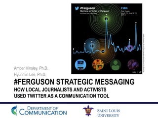SAINT LOUIS
UNIVERSITY
#FERGUSON STRATEGIC MESSAGING
HOW LOCAL JOURNALISTS AND ACTIVISTS
USED TWITTER AS A COMMUNICATION TOOL
Amber Hinsley, Ph.D.
Hyunmin Lee, Ph.D.
http://blogs.wsj.com/dispatch/2014/08/18/how-ferguson-has-unfolded-on-twitter/
 