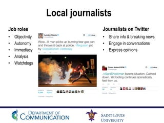 SAINT LOUIS
UNIVERSITY
Local journalists
Job roles
• Objectivity
• Autonomy
• Immediacy
• Analysis
• Watchdogs
Journalists on Twitter
• Share info & breaking news
• Engage in conversations
• Express opinions
 